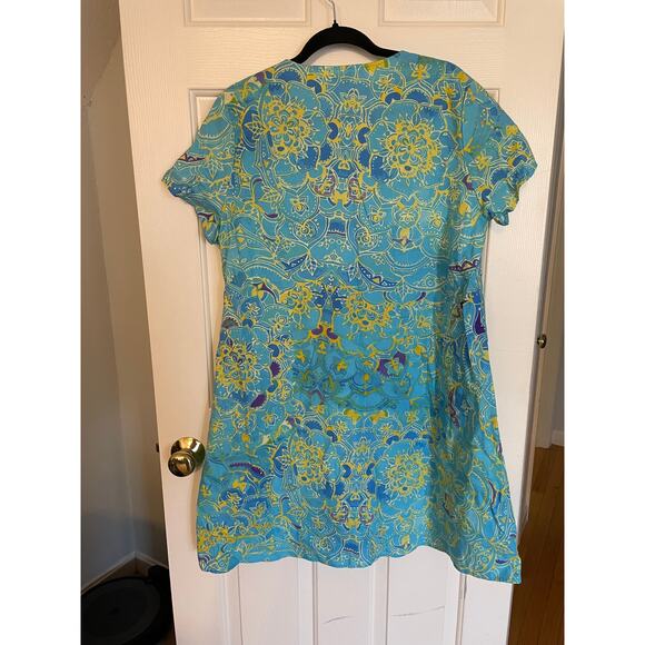 NWT Tendency Dress Size Large Short Sleeve Floral Geometric Blue Yellow V Neck - Picture 2 of 10